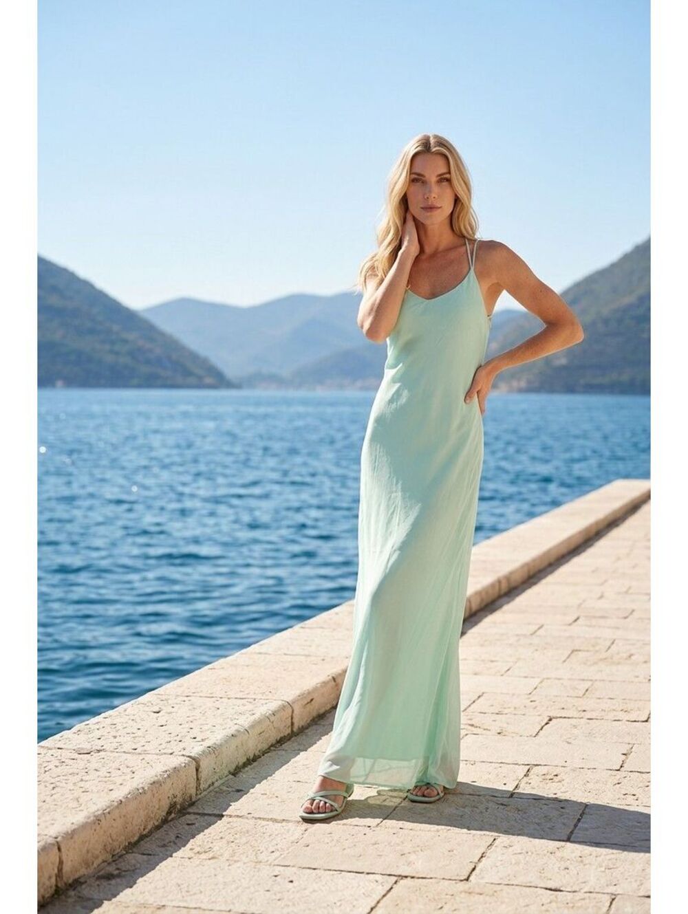 350. Mint Green Halter Empire Maxi Dress